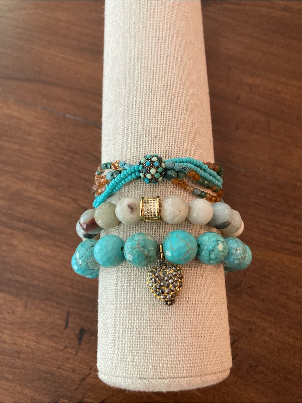 Set of 3 stretch Beaded Layered Bracelet Stack heart Charm